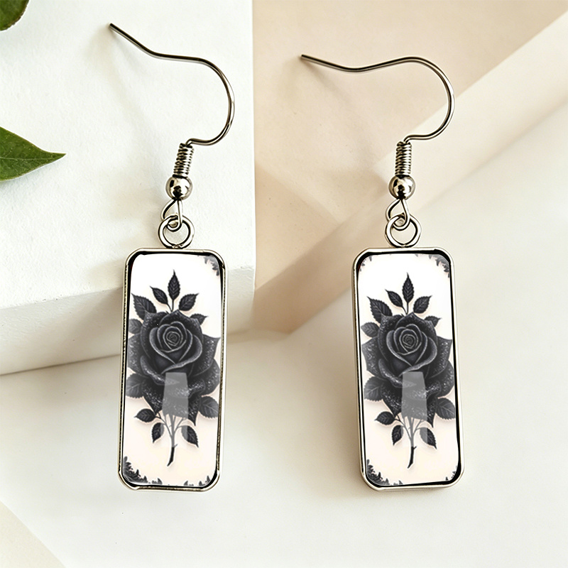 Vintage Black Rose Rectangle Glass Dangle Earrings, Handmade